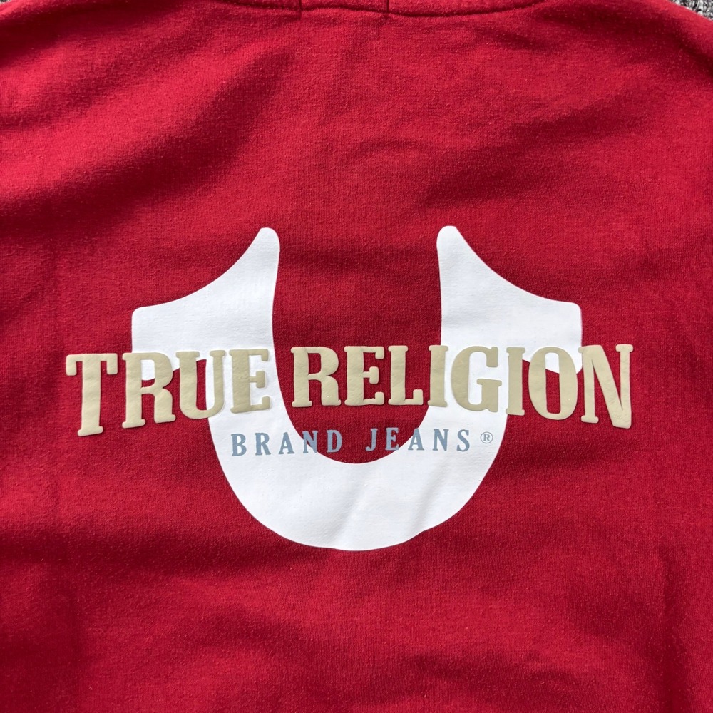 Y2K True Religion Heavyweight Horseshoe Logo Designer Zip Up Hoodie Red Medium - Picture 5 of 8